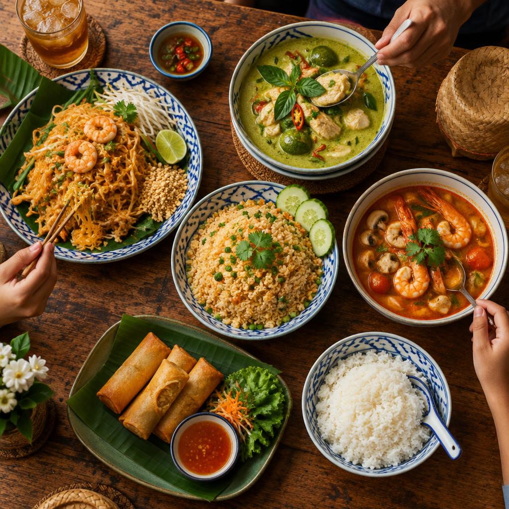 A family table full of Thai dishes at BKK Family Restaurant